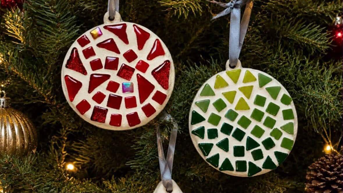 Handmade mosaic Christmas bauble and star decorations with glass tiles