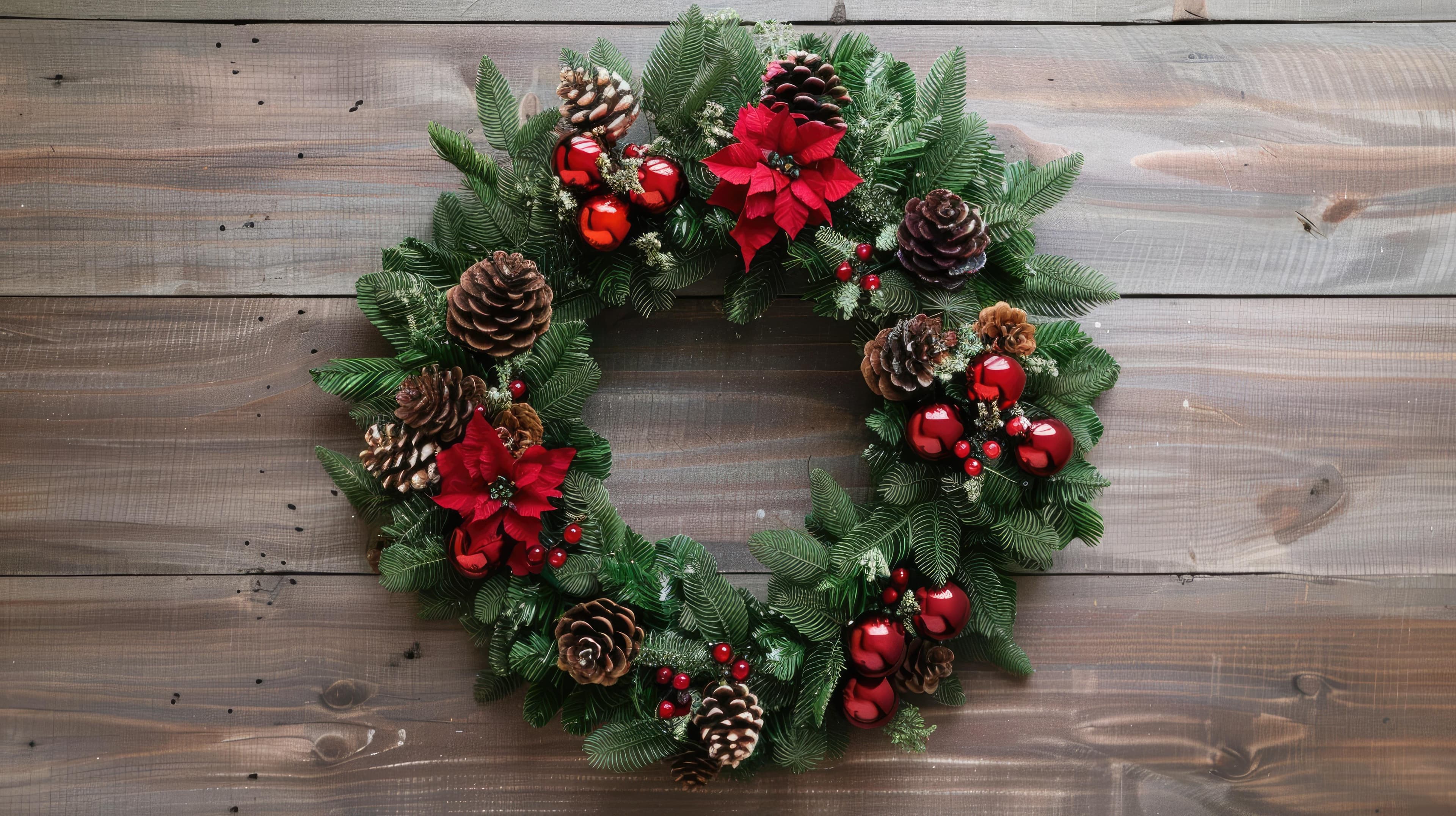 Hands crafting a Christmas wreath with fresh foliage and festive decorations